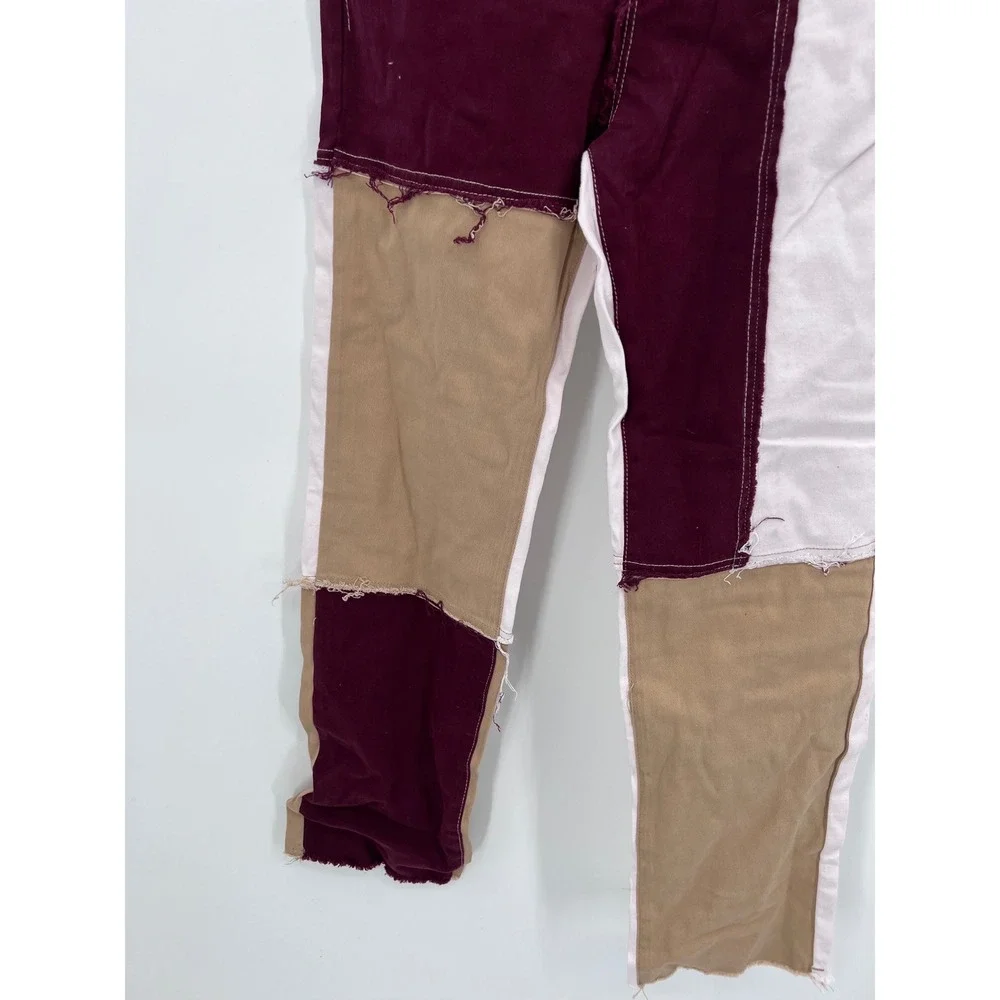 Patchwork Colorblock Jeans Burgundy Tan White Frayed Hem Size M NWT - Picture 2 of 9